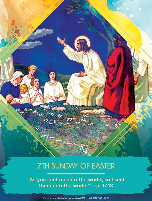 A bulletin cover of Jesus talking to a crowd for the 7th Sunday of easter