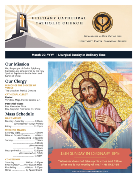 A bulletin design for the epiphany cathedral catholic church with a picture of Jesus on it.