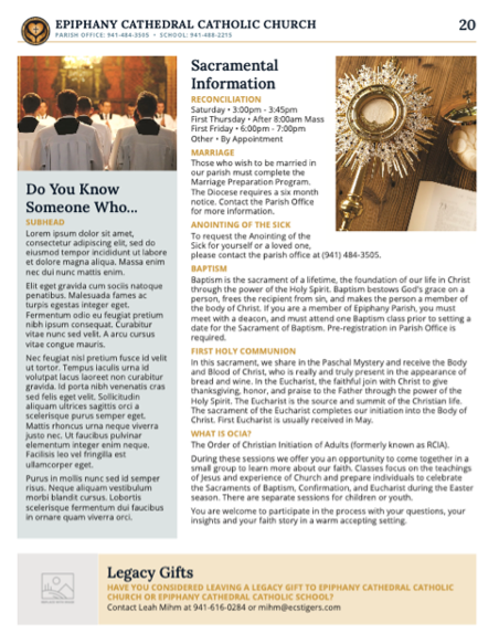 A page from a catholic church bulletin titled sacramental information.
