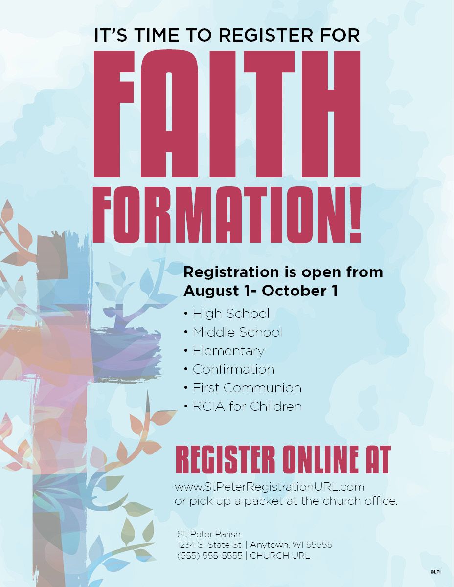 A flyer that says it 's time to register for faith formation