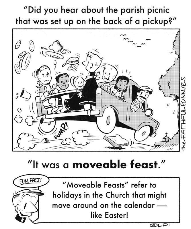 A black and white cartoon of a parish picnic that was set up on the back of a pickup.