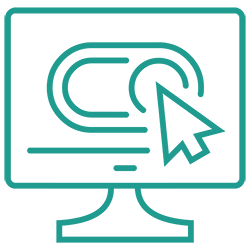 A line drawing of a  computer monitor with a mouse pointer on it.
