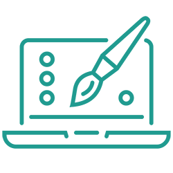Line drawing of a paint brush over a laptop.