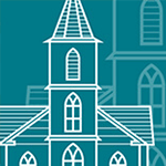 A drawing of a church with a tower and windows on a blue background.