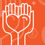 A line drawing of two hands holding a heart on an orange background.