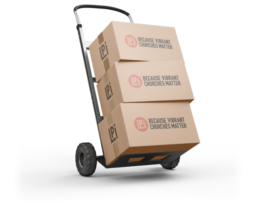 Three cardboard boxes with LPi logos are stacked on top of each other on a cart.