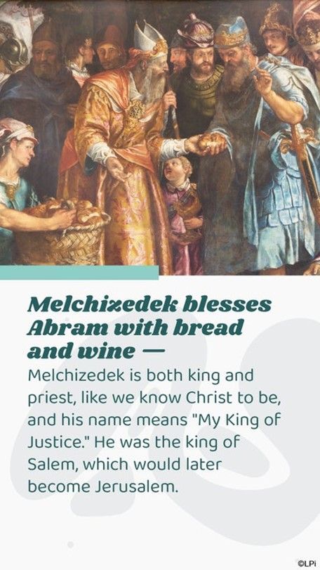 A painting of Melchizedek blessing Abram with bread and wine.