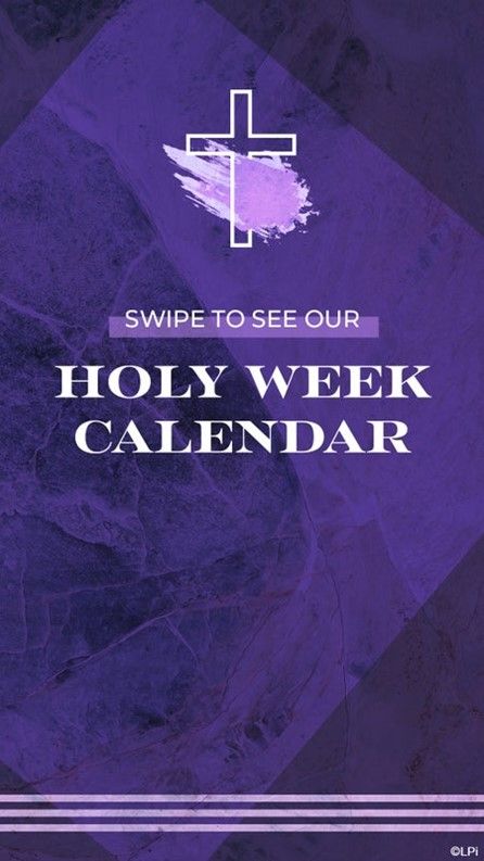 A graphic of a holy week calendar with a cross on it with a purple background.