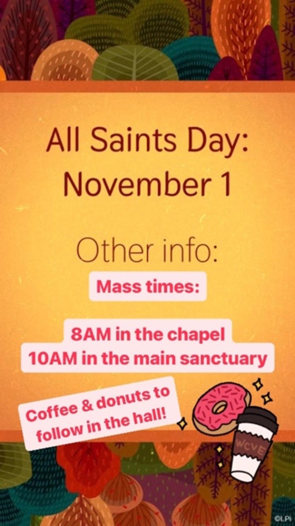 A poster for All Saints Day November 1 with Mass times on a gold background.