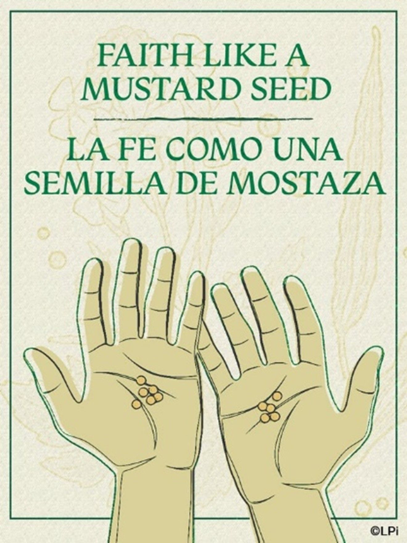 A illustrated graphic showing hands holding mustard seeds.