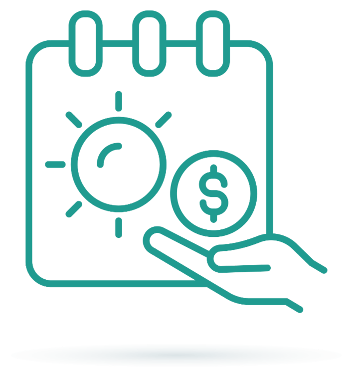 A line drawing of a hand is holding a dollar coin in front of a calendar.