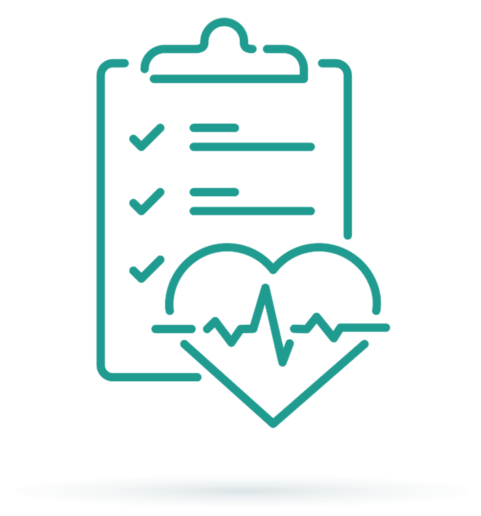 A line drawing of a clipboard with a heart and a heartbeat on it.