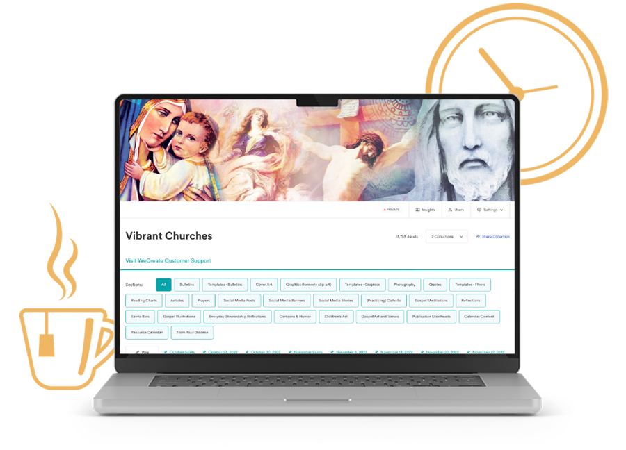 A laptop computer is open to a website with a banner showing a collage of Catholic themed art.