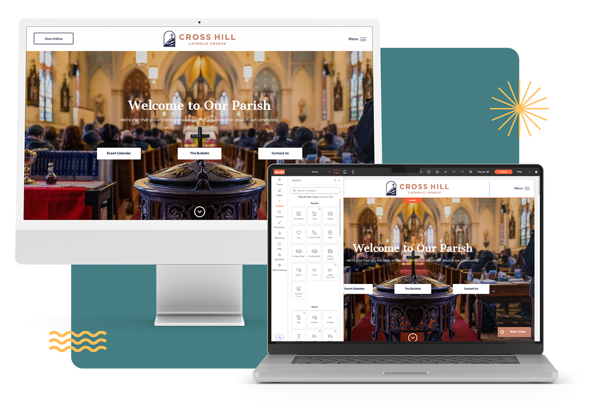 A computer and a laptop with a church website on them.