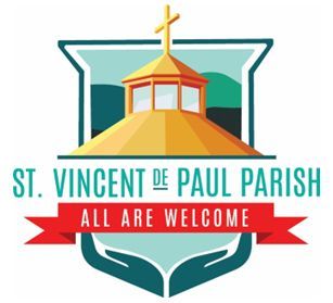 A logo for St. Vincent De Paul parish all are welcome showing a steeple with a cross on top.