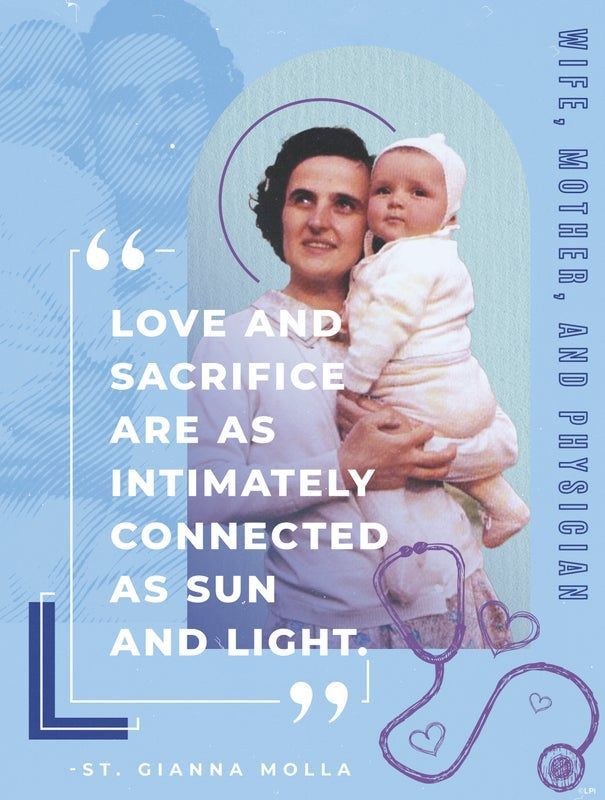 A bulletin cover with a quote by St. Gianna Molla with a woman holding a child.