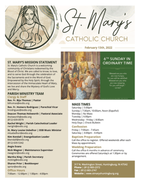A bulletin for St. Mary 's catholic church with a picture of Jesus on it.