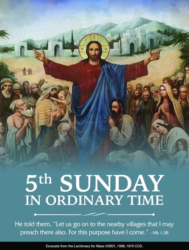 A bulletin cover for the 5th Sunday in ordinary time with Jesus addressing a crowd.
