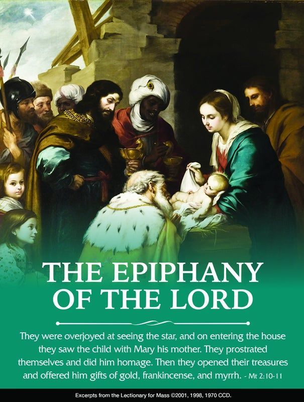 A bulletin cover for the epiphany of the lord shows a group of people standing around a baby Jesus.