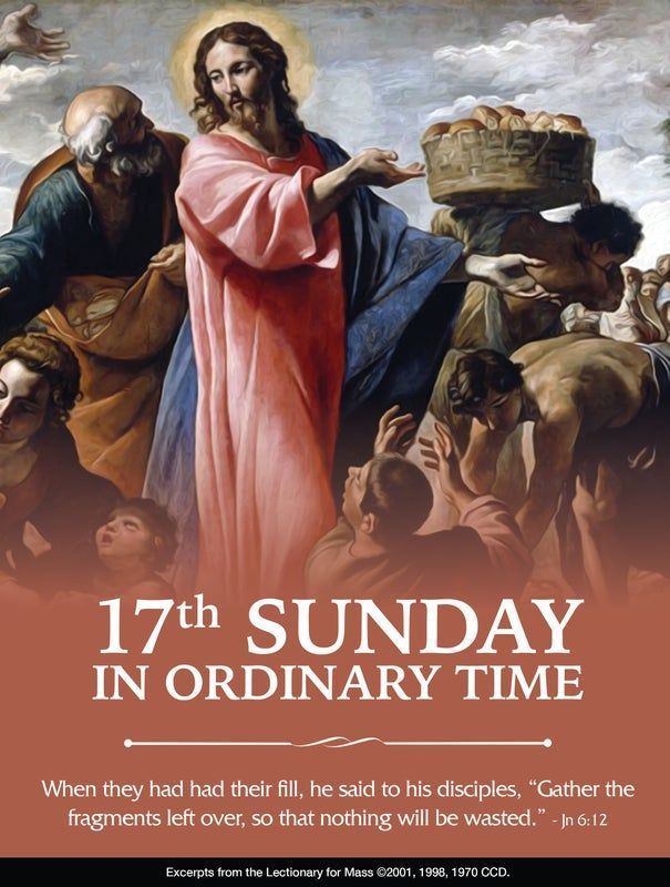 A bulletin cover for the 17th sunday in ordinary time showing Jesus feeding the 5000.