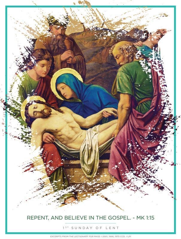 A bulletin cover that says repent and believe in the gospel that has Jesus held in Mary's arms.