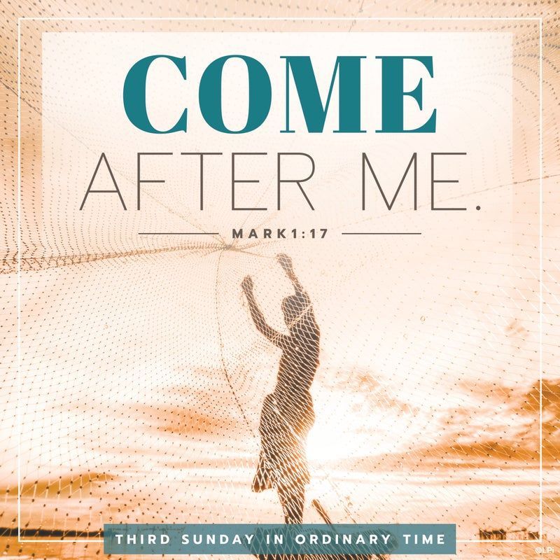A picture of a man on a boat throwing a net for the Third Sunday in Ordinary Time called come after Me.