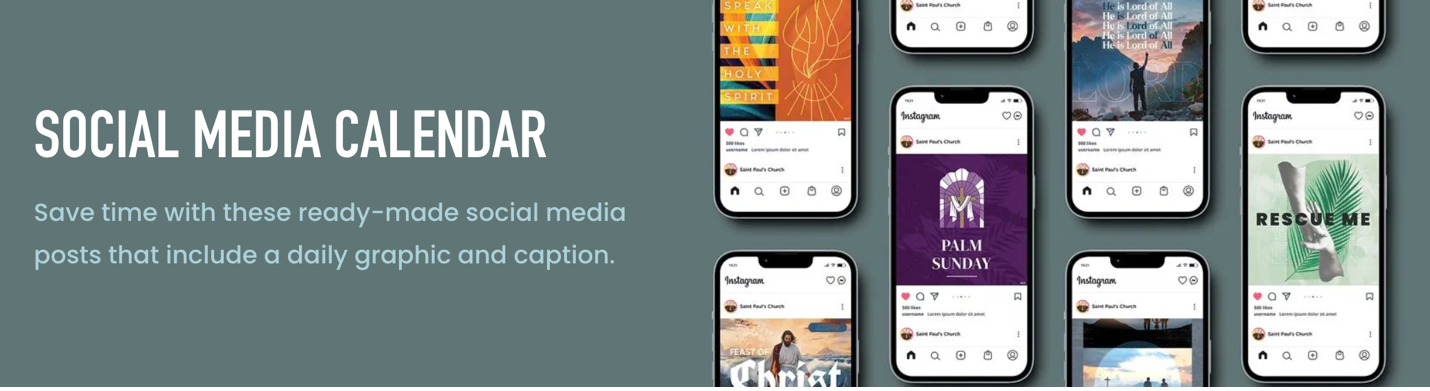 A social media calendar with a bunch of cell phones on it depicting different Catholic graphics.