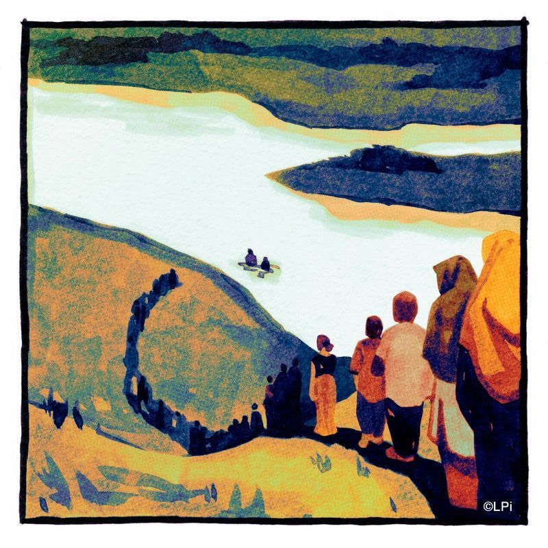 A painting of a group of people looking at a river.