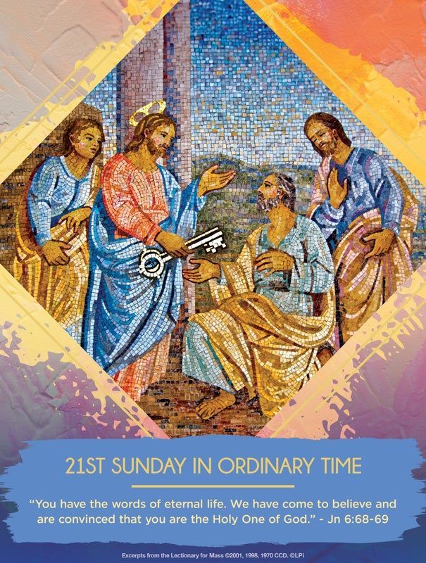 A bulletin cover for the 21st Sunday in ordinary time shows Jesus giving a key to Peter.