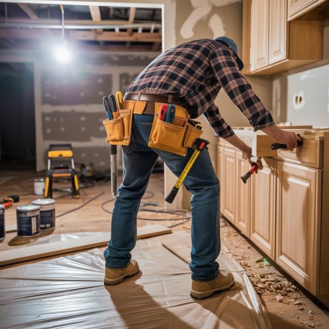 A carpenter installing kitchen cabinets, wearing a tool belt, in a room under renovation.