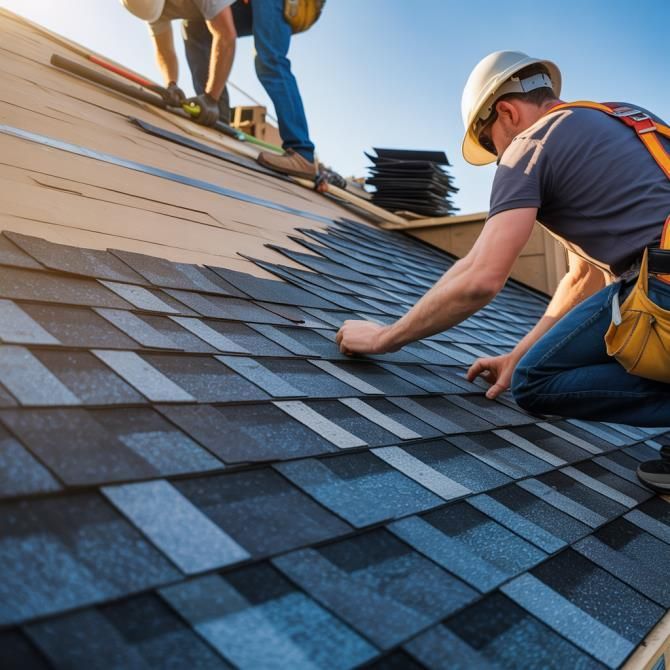 Construction workers installing asphalt shingles on a roof under a sunny sky.