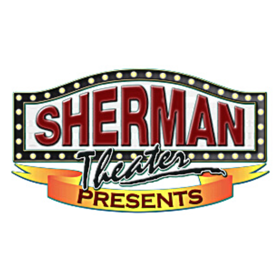 A logo for sherman theater presents is shown on a white background.