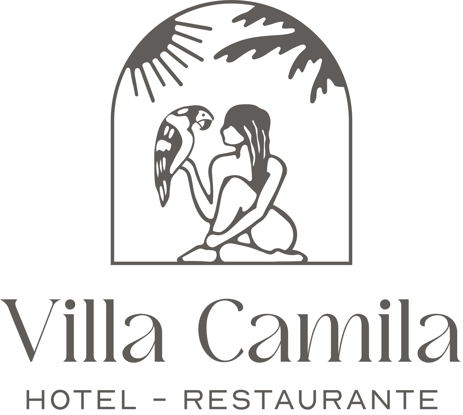 Un logotipo en blanco y negro para un hotel y restaurante llamado villa camila.
