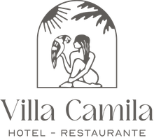 Un logotipo en blanco y negro para un hotel y restaurante llamado villa camila.