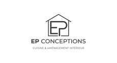 Logo EP Conceptions avec le contour d'une maison et le texte « CUISINES AMENAGEMENT INTERIEUR » sur fond blanc