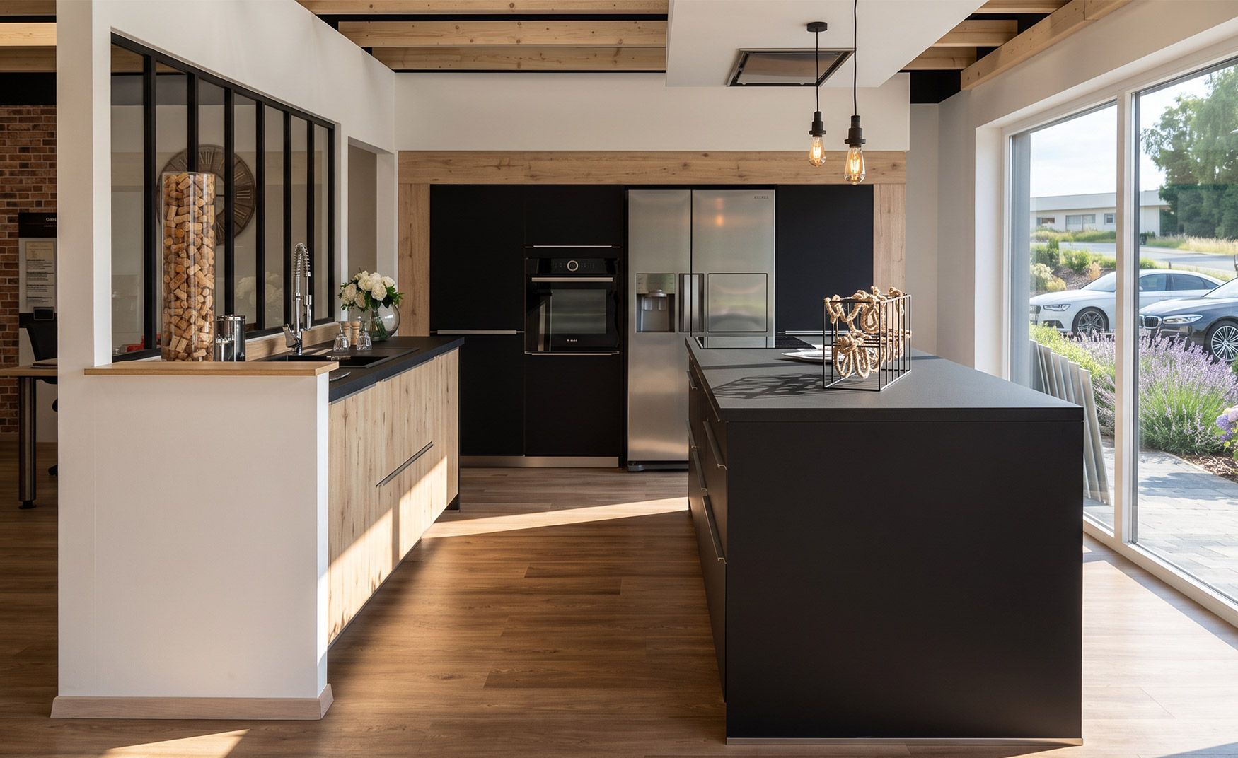 Cuisine moderne avec îlot central noir, parquet, électroménager en inox et grandes portes-fenêtres coulissantes donnant sur l'extérieur