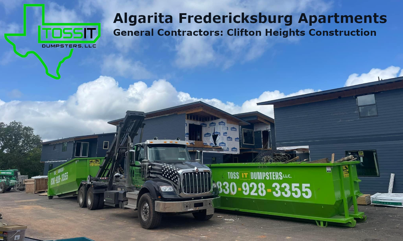 Commercial Jobsite Dumpster Rental and Portable Toilet Rental in Fredericksburg, Texas.