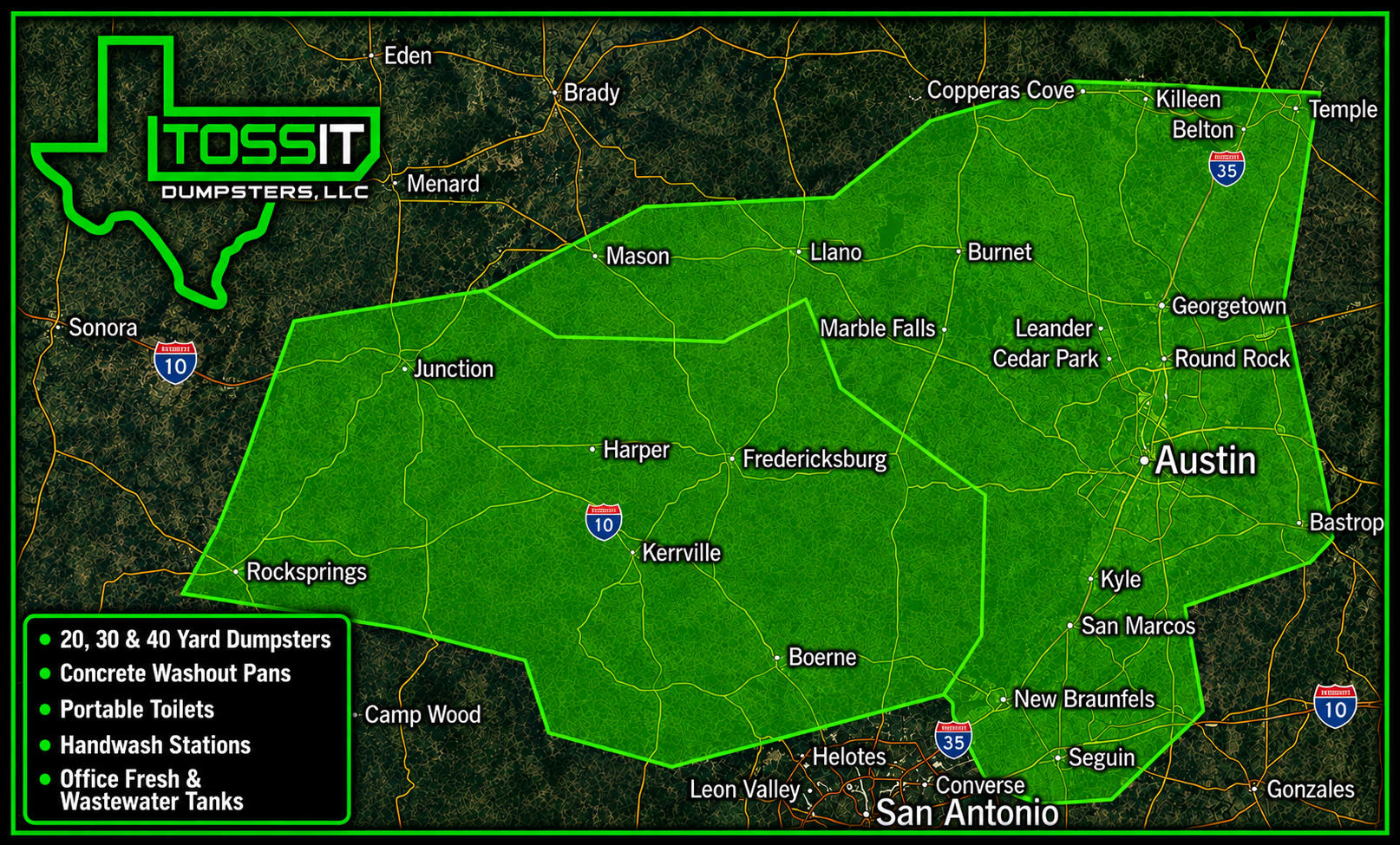 Service area map for dumpster rentals and porta potty rentals in Central Texas