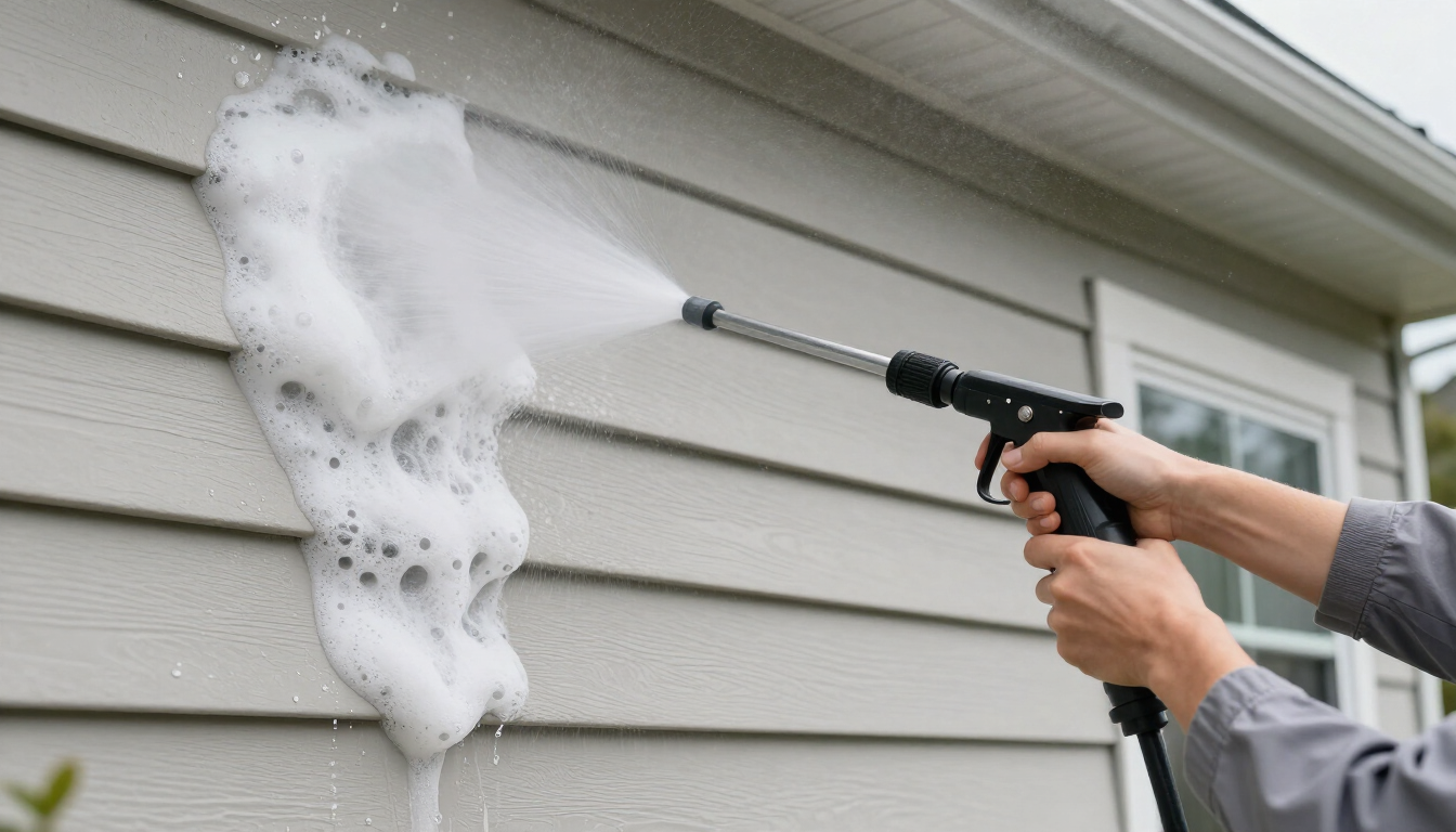 Person pressure-washing white siding on a house, spraying thick foam against the wall