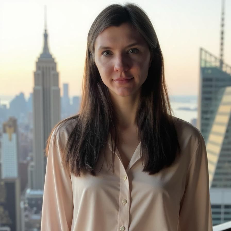 Eine Frau in einem rosa Hemd steht vor der Skyline einer Stadt.
