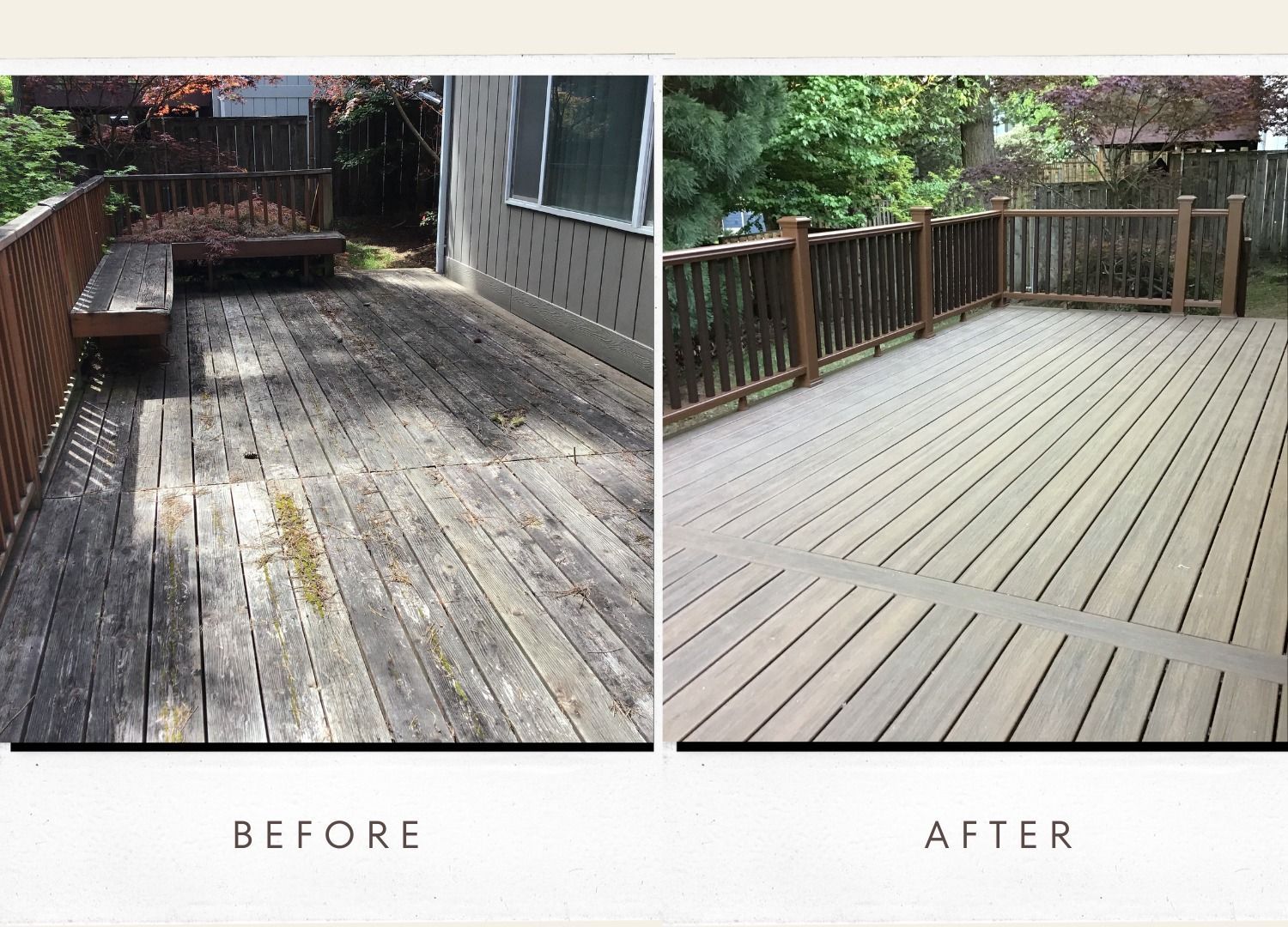 Comparison of before and after images of a weathered wooden deck.