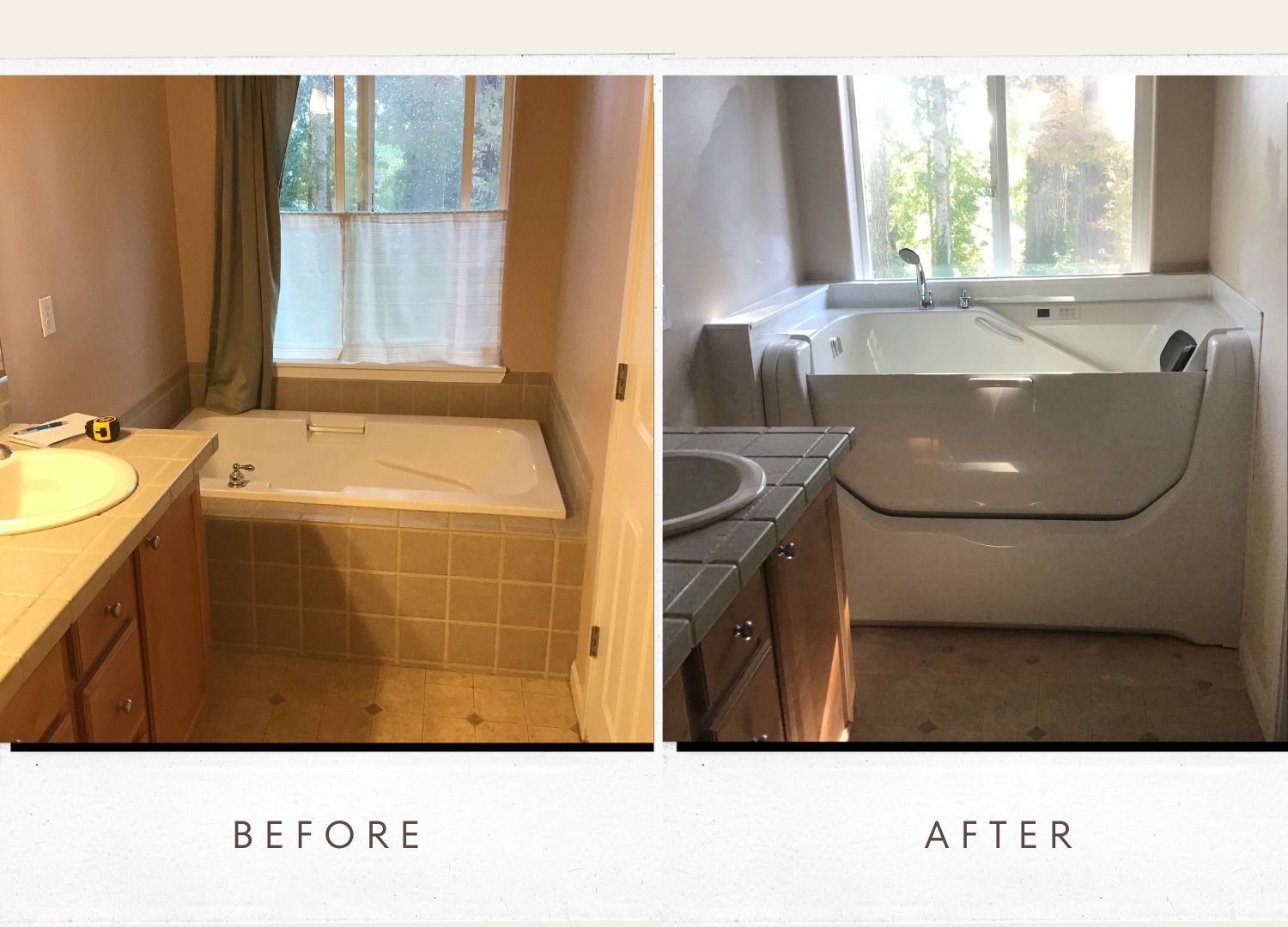 Before and after bathroom remodel: new walk-in tub installed; cream walls; tan tile replaced.