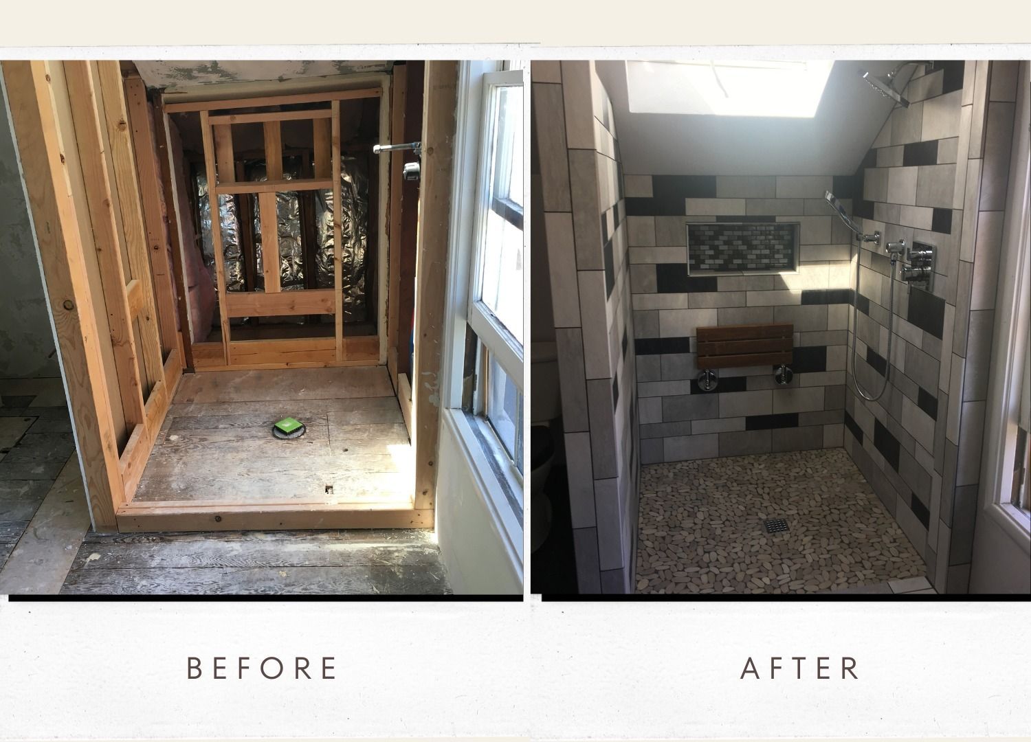 Before and after view of a shower remodel. Left: framed studs. Right: tiled shower with a bench.