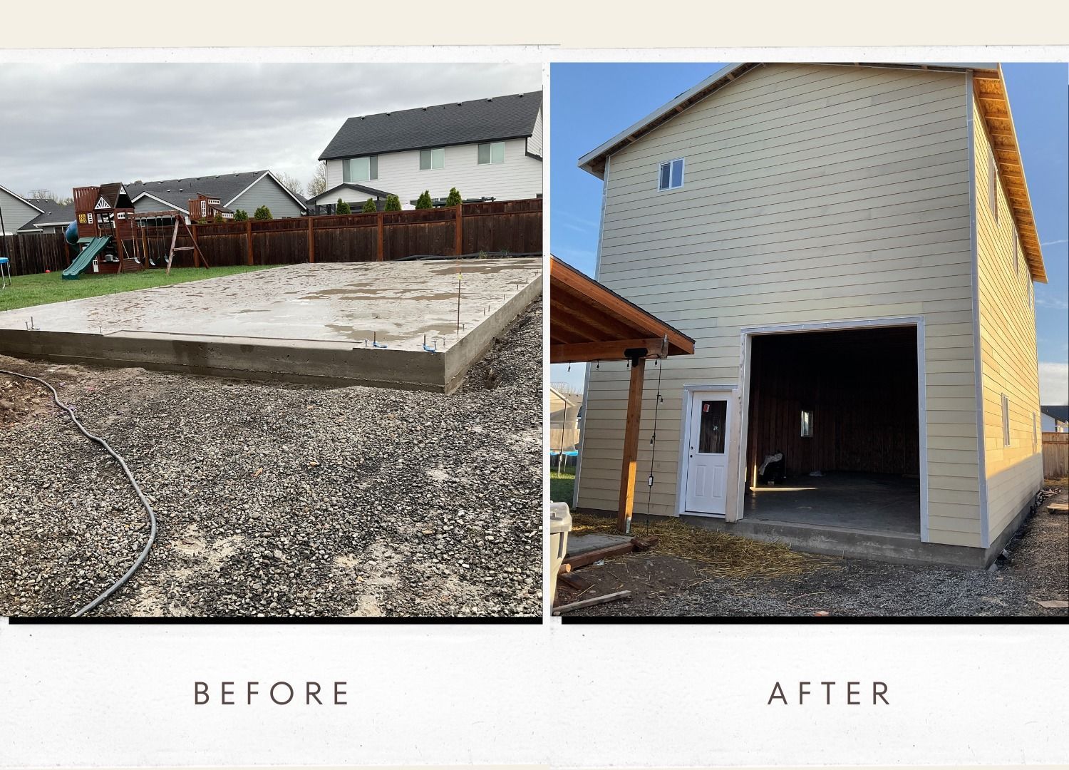 Before and after: concrete foundation transforms into a two-story tan garage with open bay door.