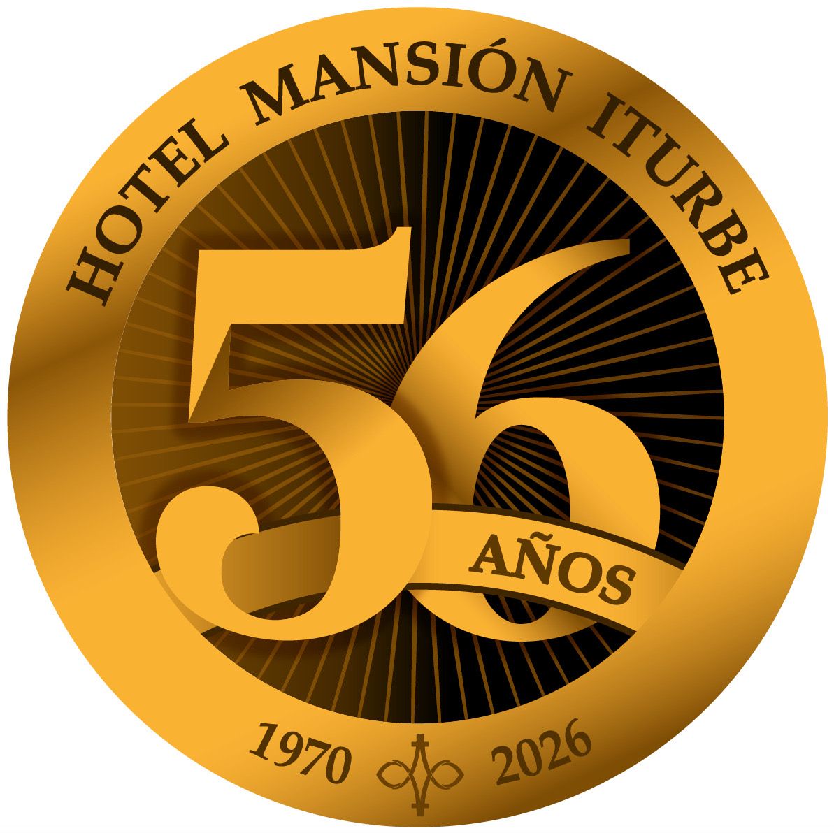 Gold circular logo for Hotel Mansión Iturbe, celebrating 55 years with 
