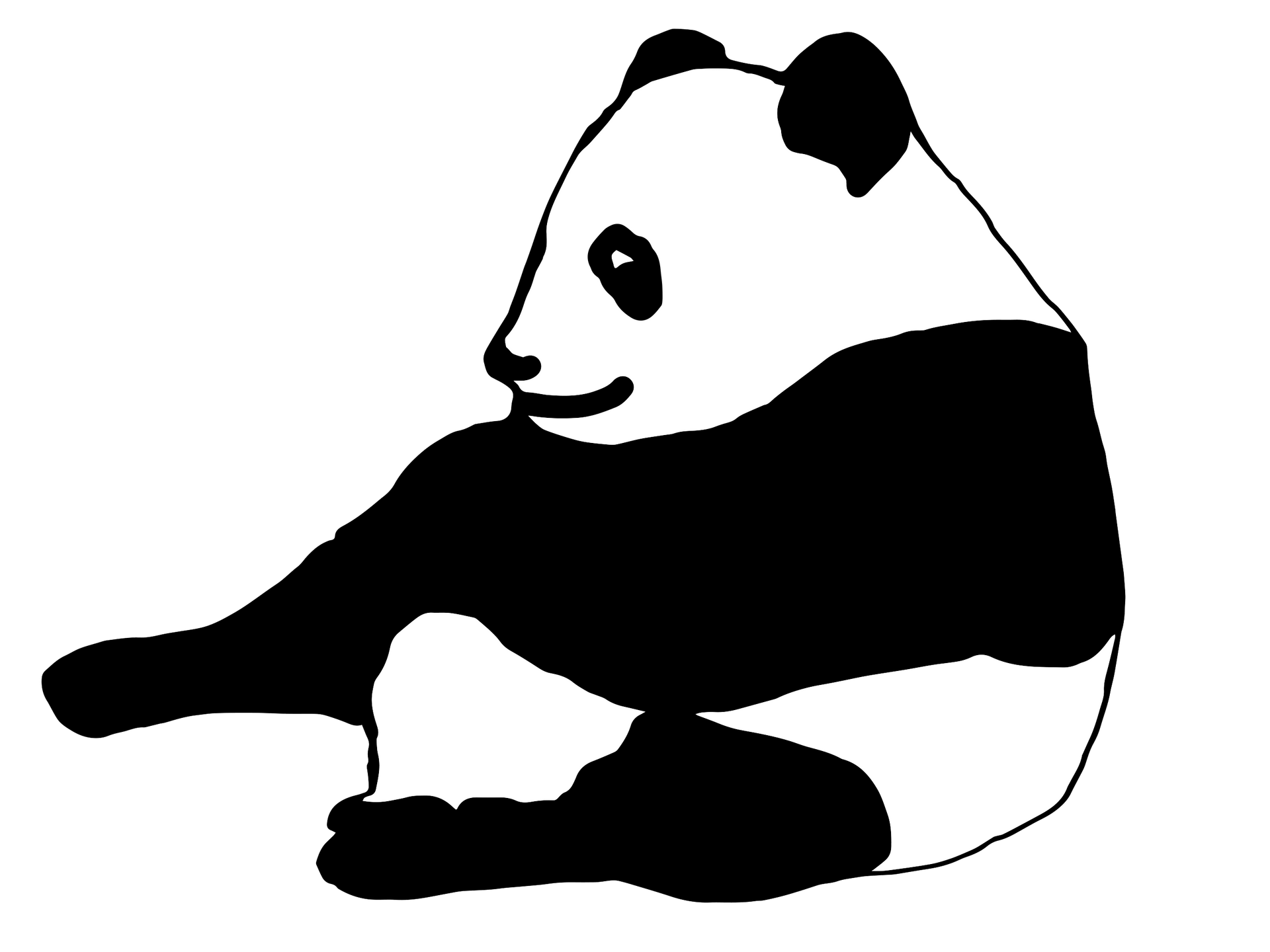 A black and white drawing of a panda bear sitting down.