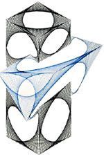 Original Artwork by Fleetis Miller. A blue abstract cube between 2 abstract black cubes on a white background.