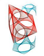 Original Artwork by Fleetis Miller. A red wedge intercepting a cyan colored cube in abstract artwork.
