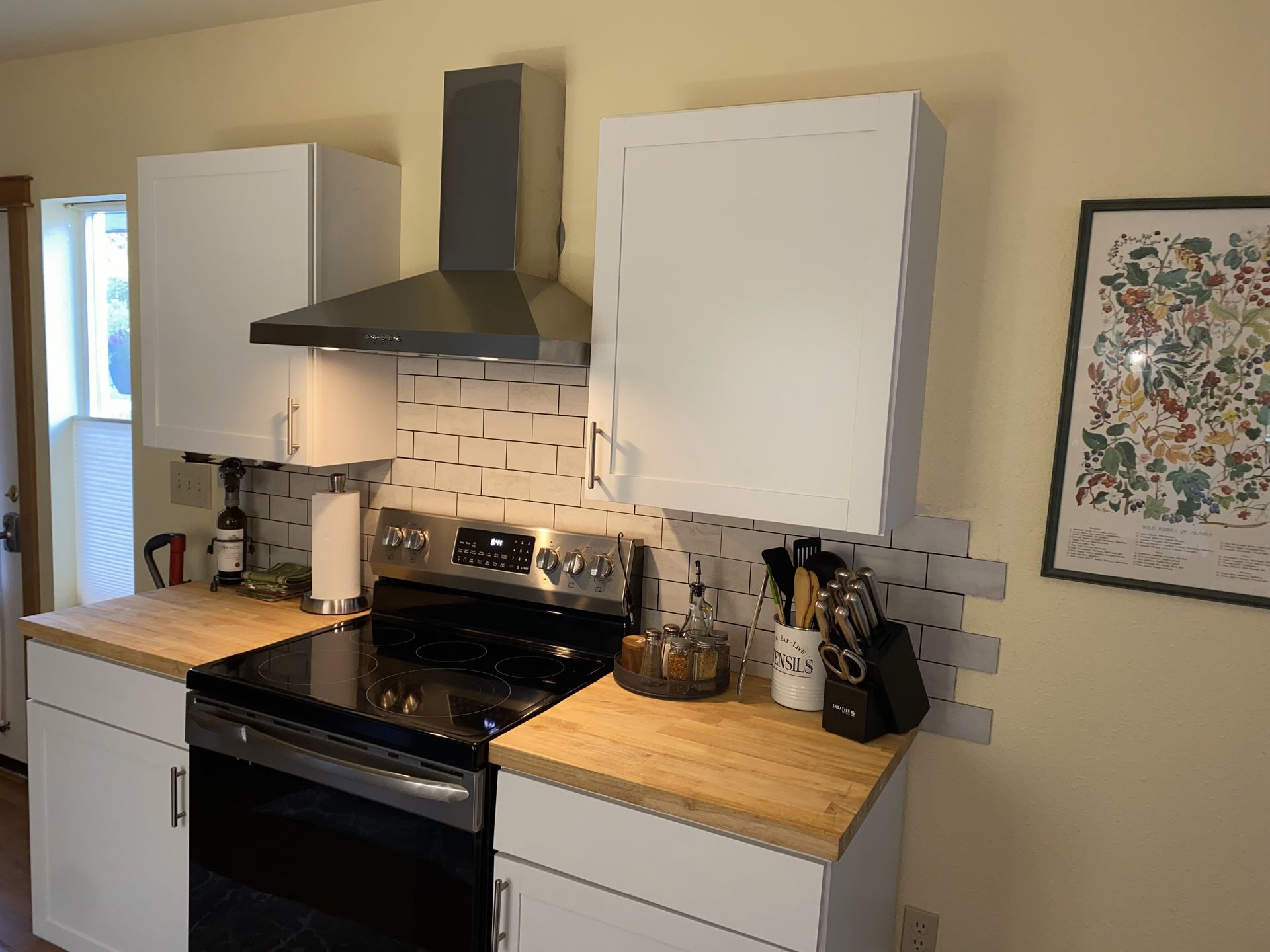 A kitchen with white cabinets and a stove and dishwasher