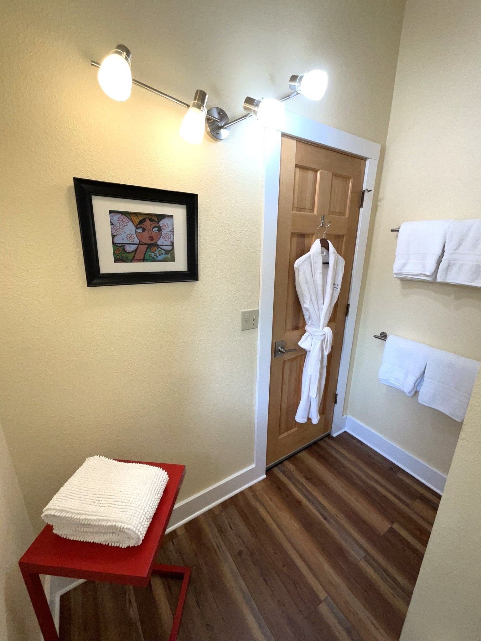A bathroom with a robe hanging on the door and a picture on the wall.